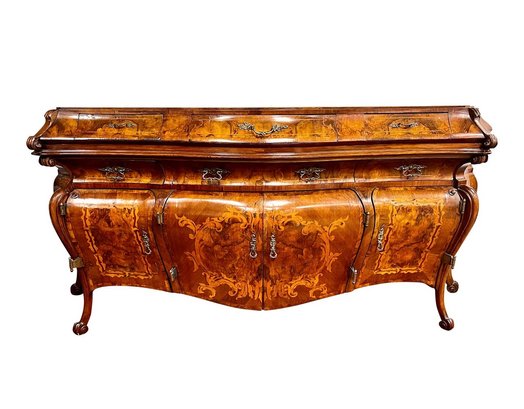 Exquisite Antique 19th Century 8' Burr Walnut Marquetry French Bombe Style Credenza Sideboard