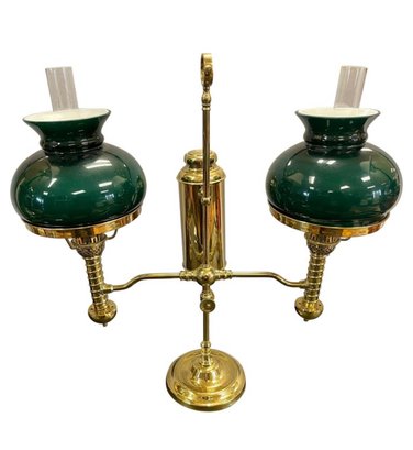 English Brass Double  Arm Lamp With Masters Green Hurricane Glass Globes