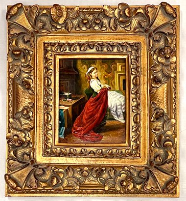 Original Stunning Painting Of Lady In Red In French Gilt Ornate Wioden Frame Signed Lafiette