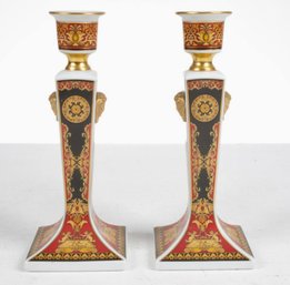 Pair Of Signed Versace Porcelain Candlesticks Made By Rosenthal In Medusa Style 8.5' Tall