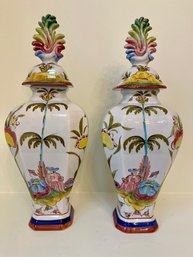 Pair Of Large Chelsea House Chinoiserie Lidded Ginger Jars Urns