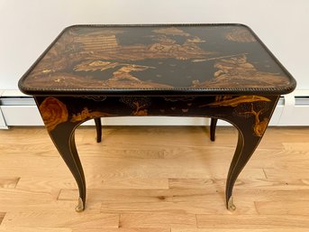 Antique Black Lacquered Chinese Chippendale Chinoiserie Hand Painted Side Table