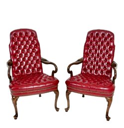 Elegant Pair Of Ethan Allen Burgundy Tufted Chesterfield Leather Armchairs