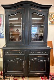 Distressed On Purpose Black Painted China Display Cabinet Hutch