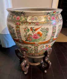 Large Chinese Chinoiserie Porcelain Planter Fish Bowl On Carved Stand