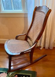 Antique Walnut Rocker Rocking Chair With Cane Seat And Back