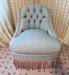 Custom Tufted Light Blue Slipper Chair With Tassel Fringe Mint Condition