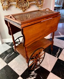 Vintage Cherry Rolling Bar Tea Cart Trolley With Removable Glass Serving Tray