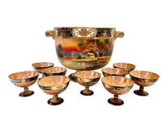 Coveted Large Noritake Handpainted Lusterware Punch Bowl Set With 9 Cups The Perfect Wdding Gift!
