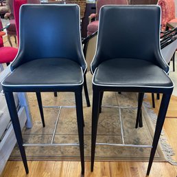 Pair Of Vegan Leather Black Stools With White Piping