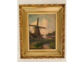 Stunning Antique Signed W.S. Kaula Original Oil On Board - Windmill