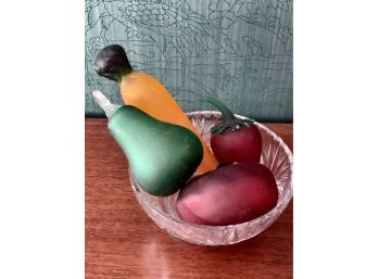 Stunning Mid Century Modern Set Of Glass Fruit In Crystal Bowl