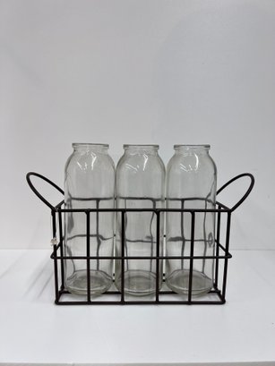 Milk Jug Glass Bud Vase In Wire Caddy
