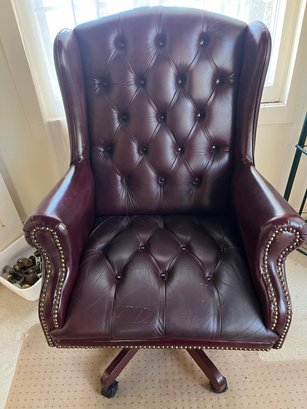 Global Upholstery Co. Burgundy Vinyl Executive Wingback Desk Chair With Brass Nail Head Trim