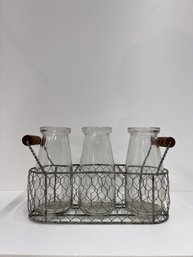 Small Milk Jug Glass Bud Vase In Wire Caddy