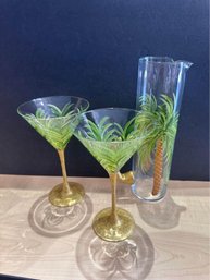 Hand Painted Tripical Palm Tree Designed Martini Set