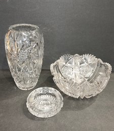 Lot Of Crystal Lead Glass Starburst Swirl Vase And Ashtray