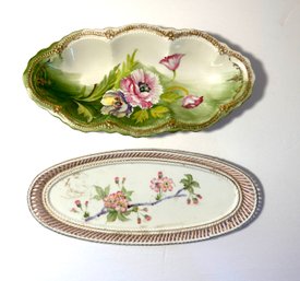 Pair Of Vintage Floral White Oval Porcelain Trays