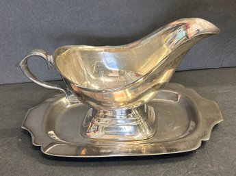 Vintage Silver Plate Gravy Boat And Tray