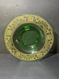 Vintage Depression Glass Octagonal Bowl With Embossed Gold Trim