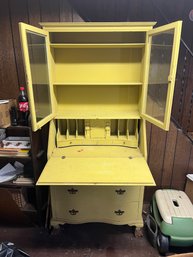 Vintage Yellow Painted Secretary Desk Hutch