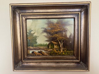 Vintage River Shack Landscape Oil On Canvas - Signed Harlock