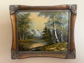 Vintage Mountain Lake Landscape Oil On Canvas - Signed Wallace