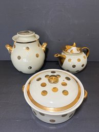 RARE Halls Superior Quality Kitchenware Rare White With Gold Polka Dots