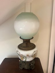 Victorian Parlor Oil Lamp With Floral Base And Green Shade