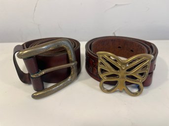 Pair Of Vintage Womens Leather Belts With Brass Buckles