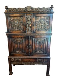 Carved Oak Two Door Jacobean Style China Cabinet Hutch