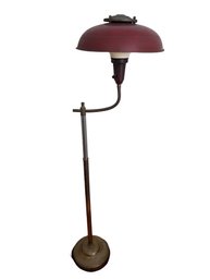 1940's Vintage Deep Red Tole Floor Lamp With Metal Helmet Light Shade