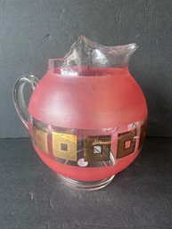 Vintage Pink Mid Century Modern Frosted Round Glass Pitcher With Gold Squares With Ice Lip