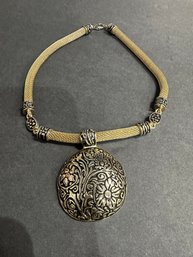 Gold Floral Design Medallion On Mesh Rope Necklace