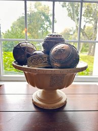 Lot Of Wooden Decorative Balls On Porcelain Pedestal