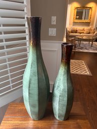 Pair Of Metal Tin Green Vases