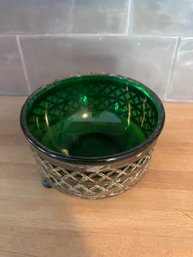 Vintage Forest Green Bowl With Brass Stand