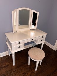 White Wood Vanity Desk With Trifold Mirror And Drawers