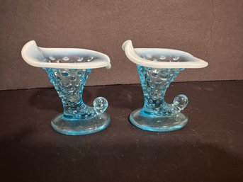 Fenton Blue Opalescent Hobnail Horn Of Plenty Small Vase