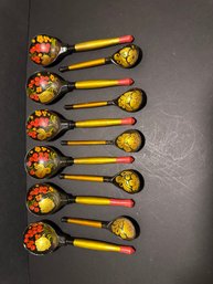 Vintage Russian Folk Art Khokhloma Wooden Spoons Hand Painted Lacquer
