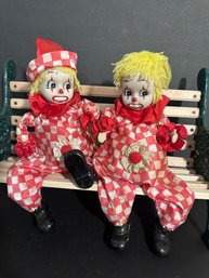 Vintage Wind Up Music Box Clowns On Bench