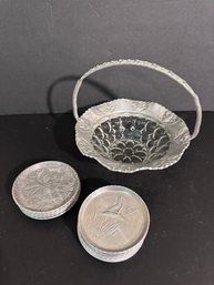 Aluminum And Glass Candy Dish And Coasters