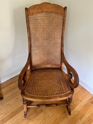 Antique Tiger Maple Cane Seat Rocking Chair