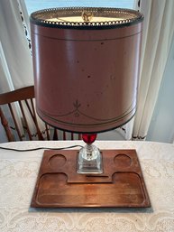 Vintage Metal Shade Lamp With Etched Cranberry Glass Base