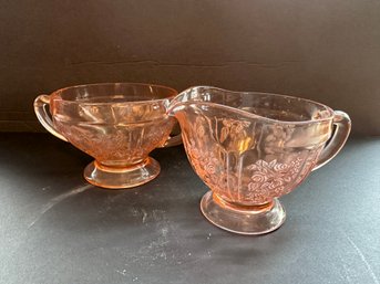 Vintage Pink Federal Glass Rose Of Sharon Sugar Bowl And Creamer