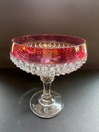 Indians  Glass Compote With Flash Diamond Point Pattern & Ruby Red Rim Pedestal Candy Dish