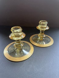 Vintage Yellow Glass Rolled Candle Sticks With Gold Trim