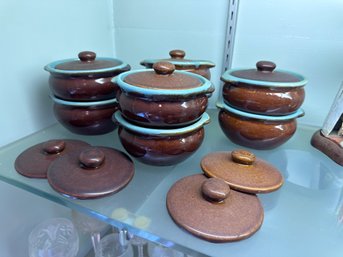 Lidded Crocks With Blue Trim