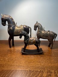 Vintage Wooden Carved Horses With Copper And Brass