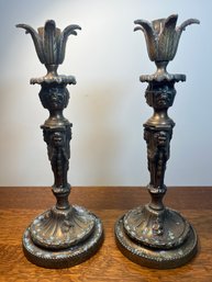 Vintage Castilian Brass Lion Head Motif Candle Sticks